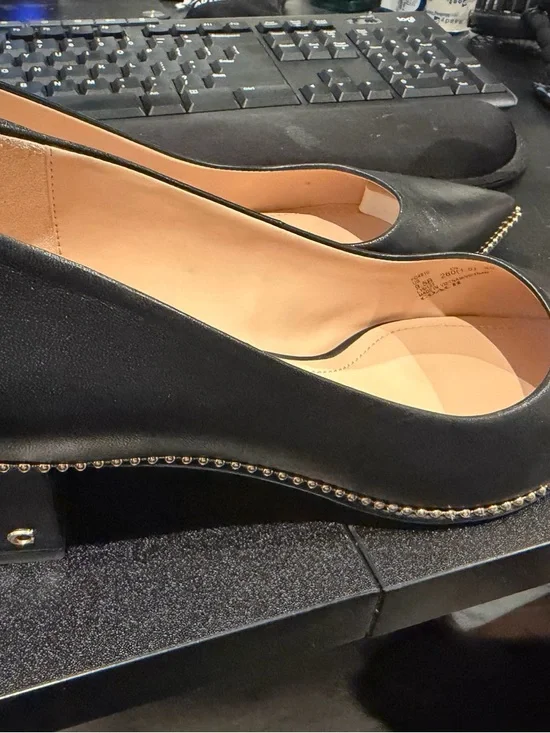 Coach Black Pointed-Toe Leather Flats with Gold Trim - Picture 2 of 3